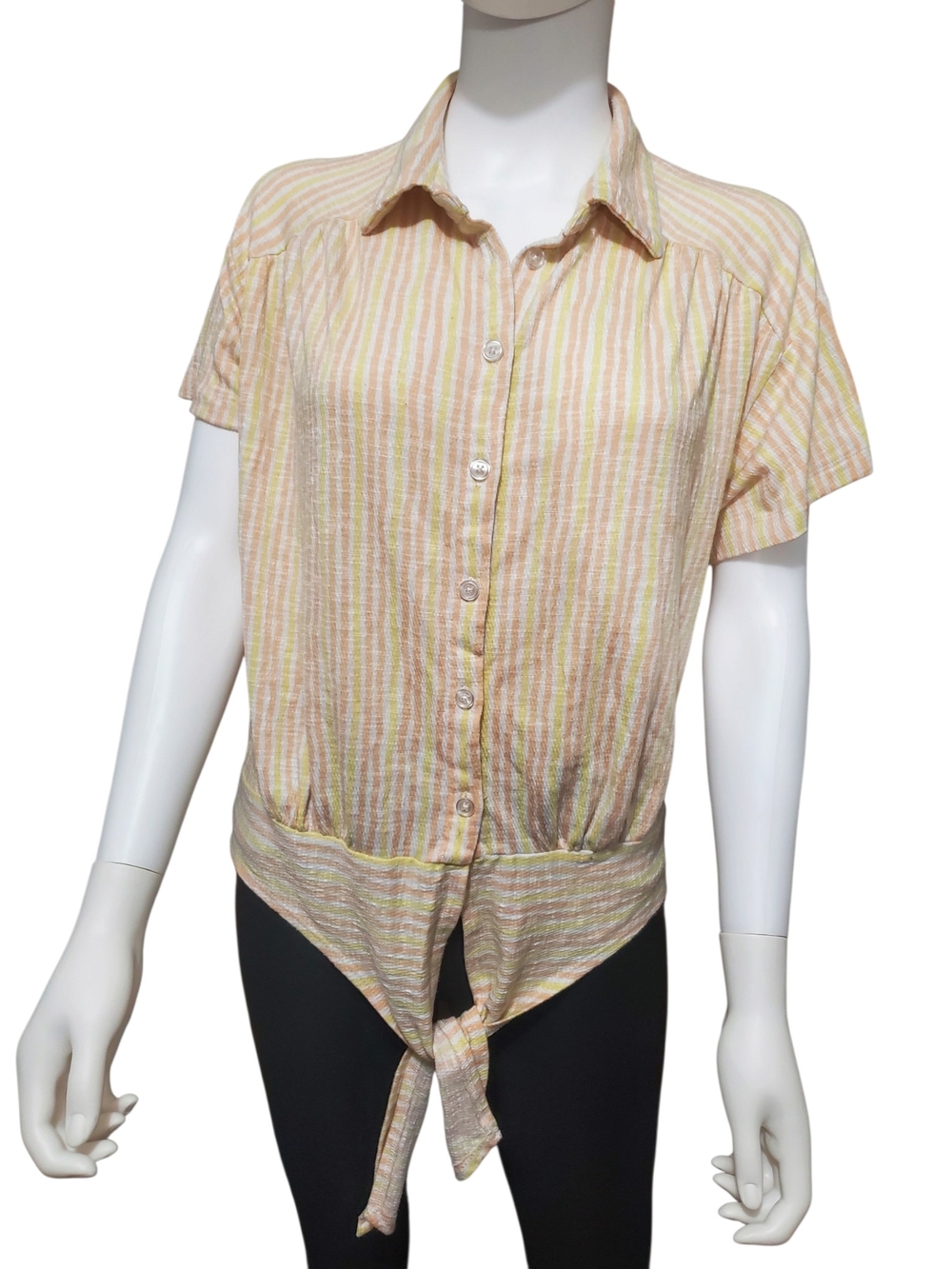 Como Blu Pastel Striped Tie Front Button Down Blouse Size S